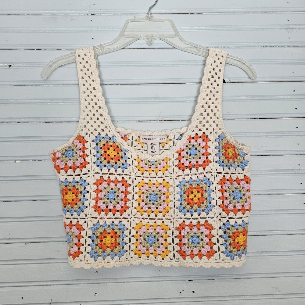 Sincerely Jules Granny Square Crocheted Multi Colored Tank Top Size XS